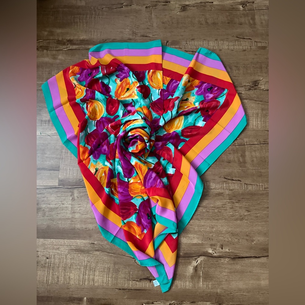 Vintage Rickie Freeman for Teri Jon Silk Scarf 42"x40" Floral Colorful 1980s